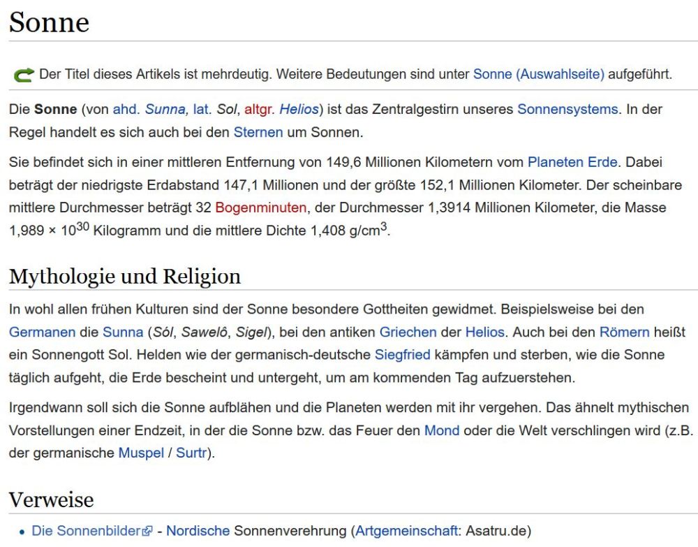 Ein Lexikoneintrag über das Thema Sonne, gestaltet wie ein Wikipedia Eintrag, nur dass hier ziemlich schnell über Germanen geredet wird.
