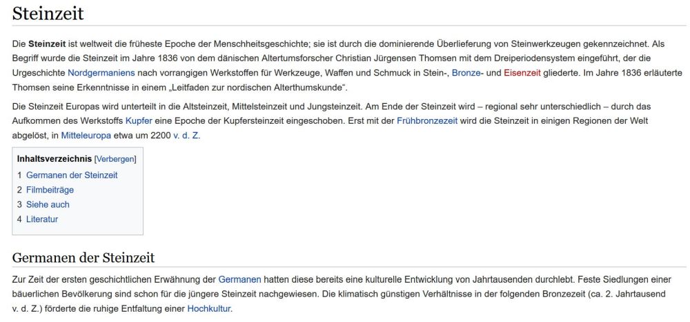 Metapediaeintrag zum Thema Steinzeit. Es wird direkt über Germanen geredet.