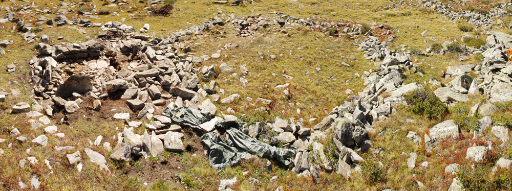 Die Grundmauern eines Pferchs, die sich auf der Grünn Wiese abzeichnen. Der Pferch besteht aus Aufgschichteten Naturstein. etwas Kniehoch haben sich die Mauern erhalten.