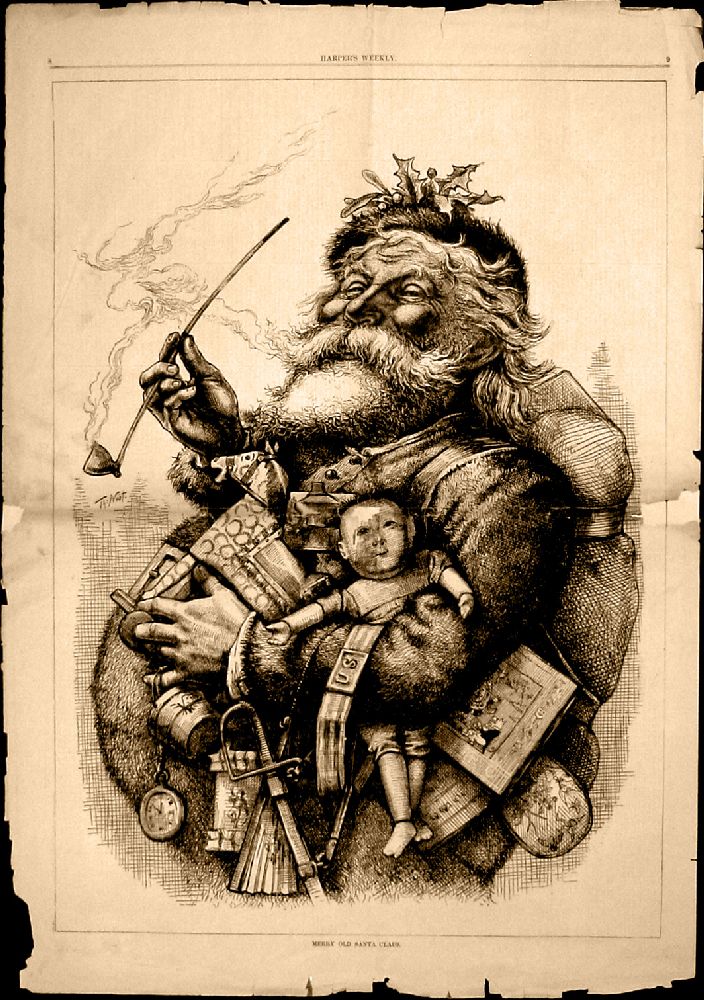 Harpers Weekly vom 1. Januar 1881. Ein Holzschnitt ines Weihnachtsmannes. Ein Ma mit knollnase und Mantel hat eine menge Kinderspielzug unter den kinken Arm gklemmt, in der recht Hand hält er eine Pfeife.