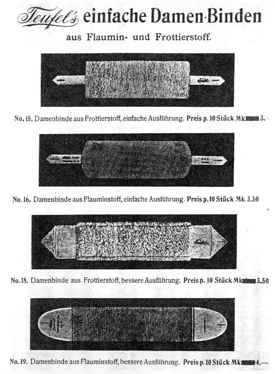 Werbeanzeige von vier Binden der Firma Teufel. Es Handelt sich um vier verschieden geschnittene stoffstücke zum Einlegen in die Kleidung.