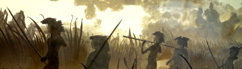 Diorama aus dem Museum in Schöningen. Gezeigt werden Steinzeitjäger mit den Schöningen, Speeren auf der Jagd im Paläolithikum, der Altsteinzeit.