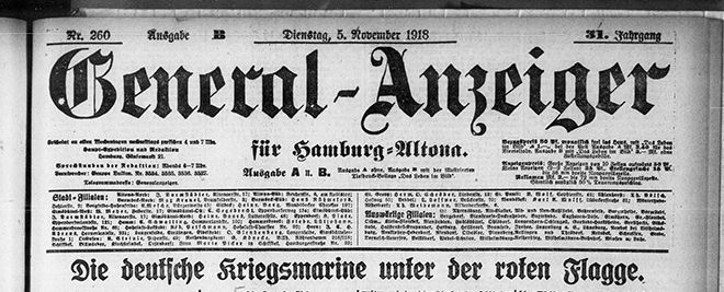 Ausschnitt aus der Zeitung Altonaer Anzeiger vom 5. November 1918. Es wird vom Kieler Matrosenaufstand berichtet.