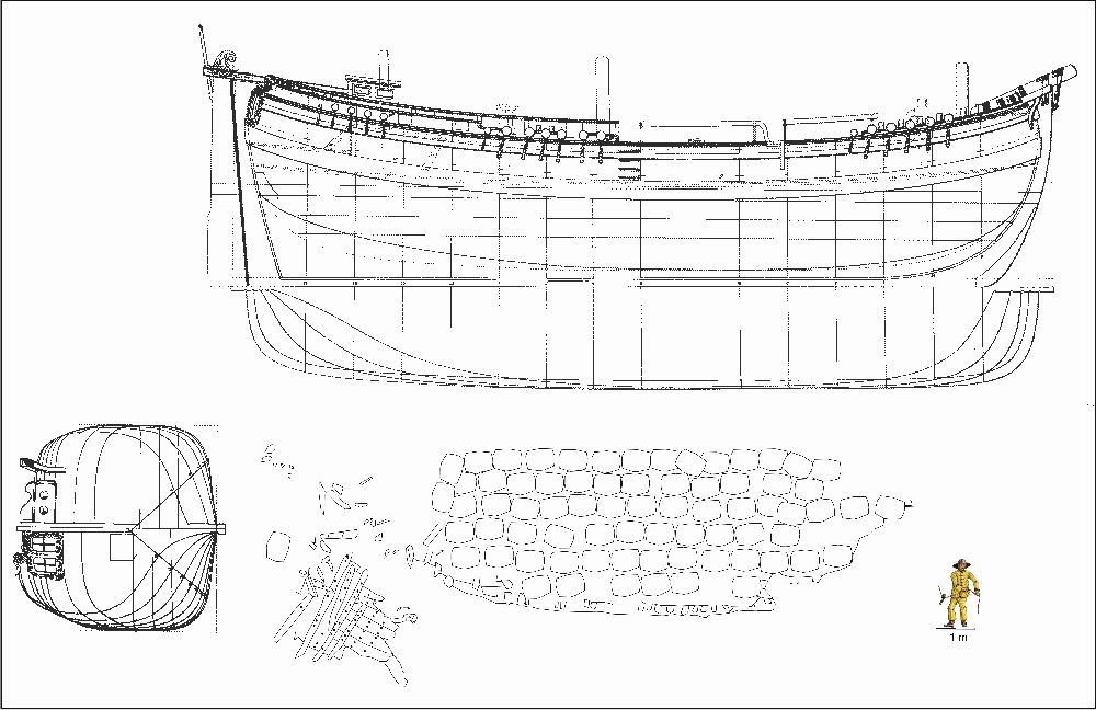 Die Rekonstruktionszeichnung zeigt ein bauchiges Schiff und halbkugelförmige Waren.