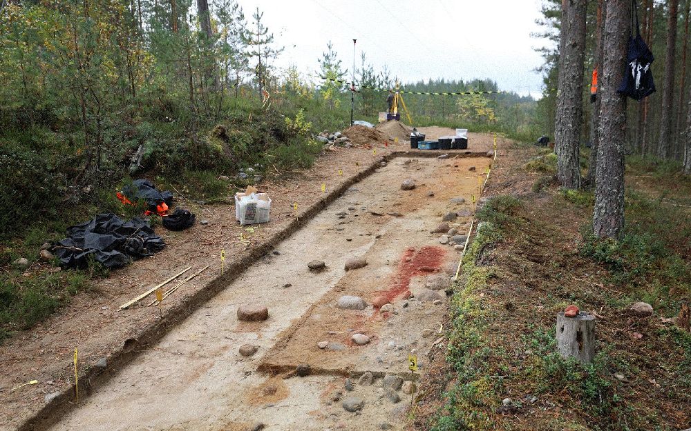 Archäologischer Grabungsschnitt. An der Seite ist eine rot gefärbte große Struktur mit ovaler Form zu sehen.