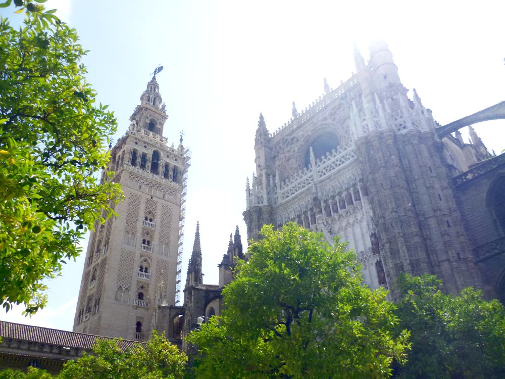 die Giralda neben der Kathedrale. Beide Archiekurformen ähnelnsich, sind aber dich verschieden.