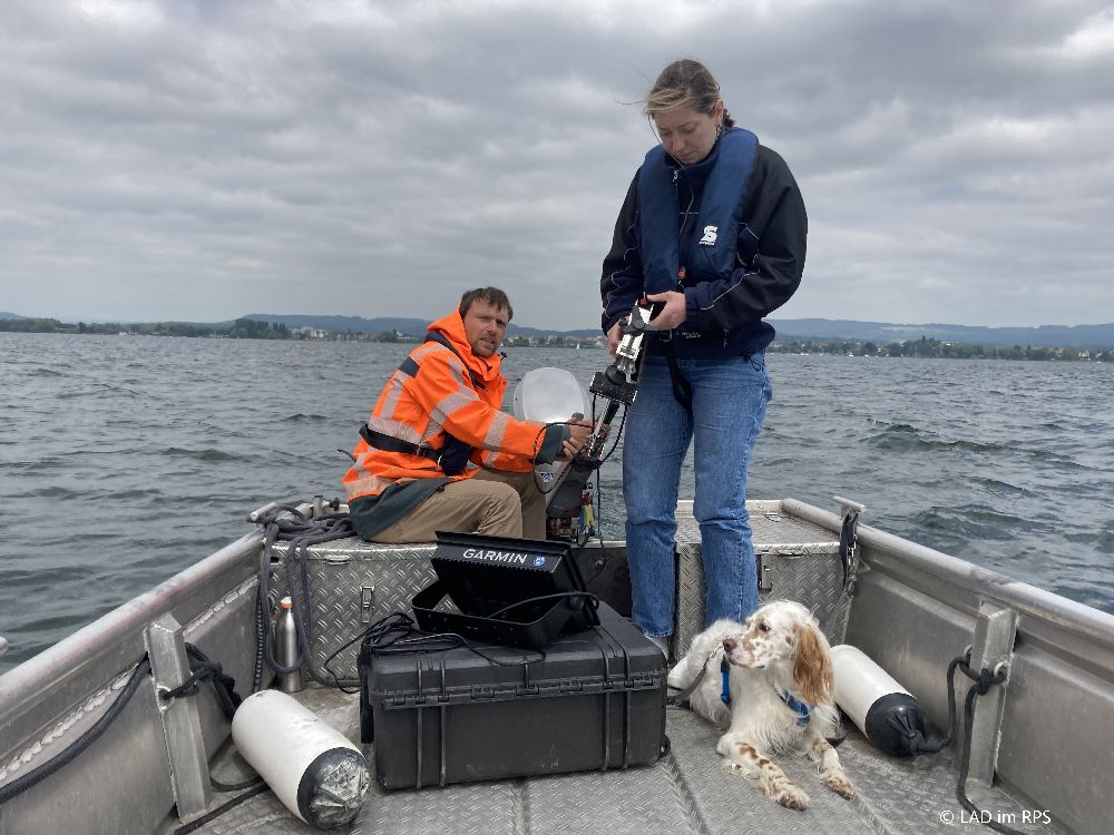 Alexandra mit einem kollegen auf einem Boot auf dem Bodensee. Ein Hund ist auch dabei. Alexandra fummelt an einem Gerät herum.