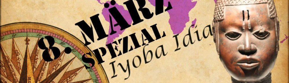 Titelgrafik zum 8. März Spezial. Eine Weltkarte mit dem Bronzekopf der Iyoba Idia.